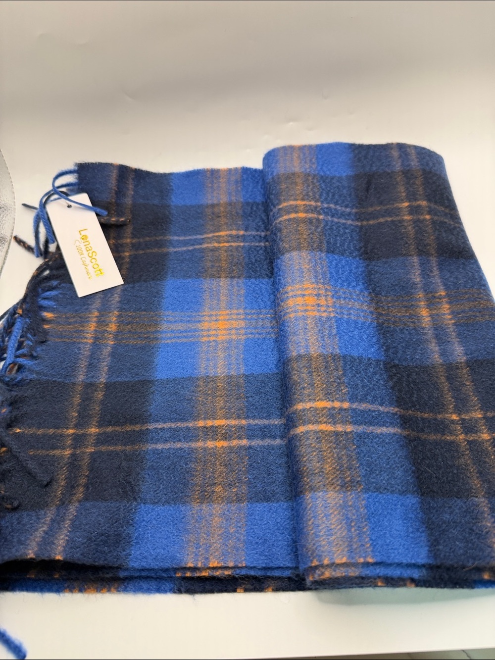 Lona Scott Blue Plaid 100% Cashmere Scarf with Orange Accents